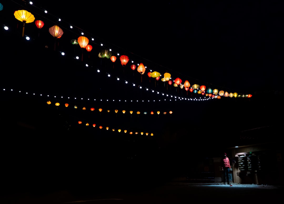 families looking at holiday light sculptures at a zoo at night