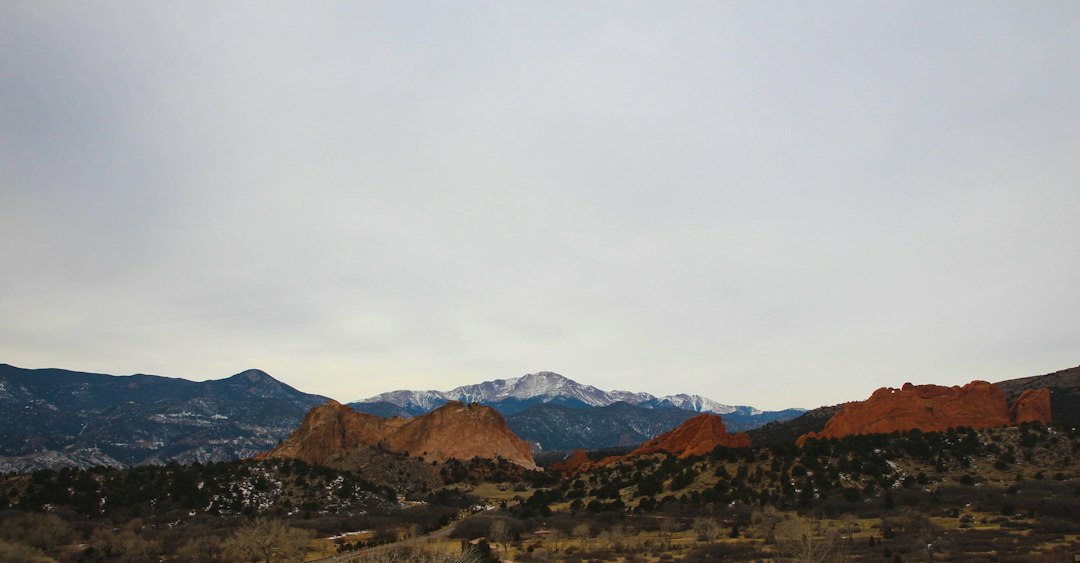 panoramic view of Pikes Peak and the Rocky Mountains from a residential neighborhood in Colorado Springs