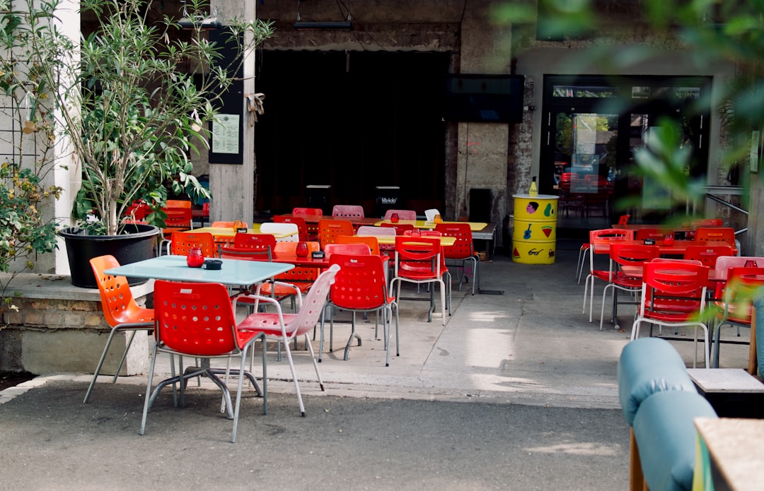 eclectic outdoor seating at a quirky pizza restaurant