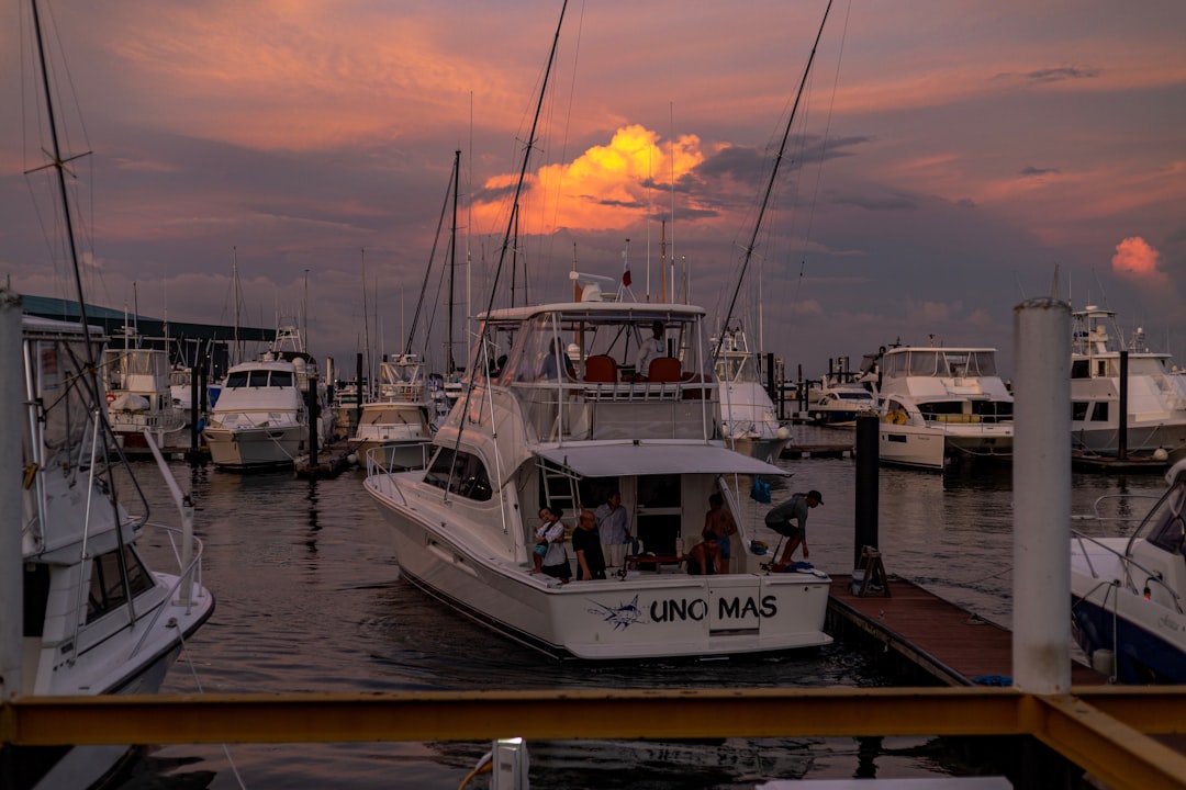fishing boats docked at a marina in Panama City Beach at sunrise