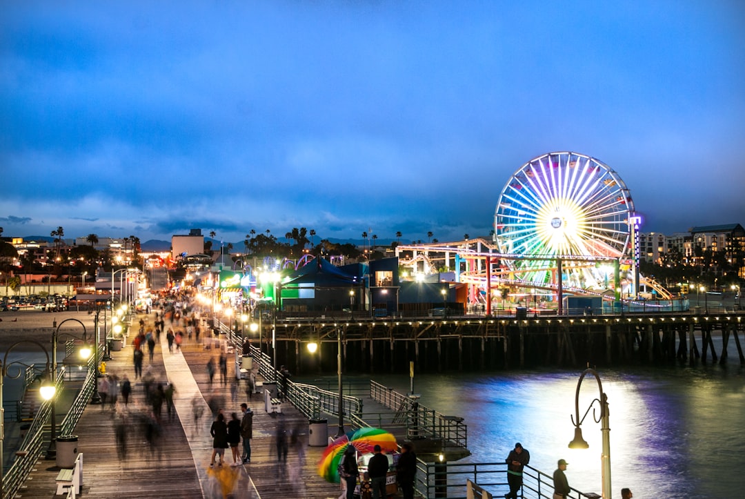 colorful Pier Park storefronts at sunset
