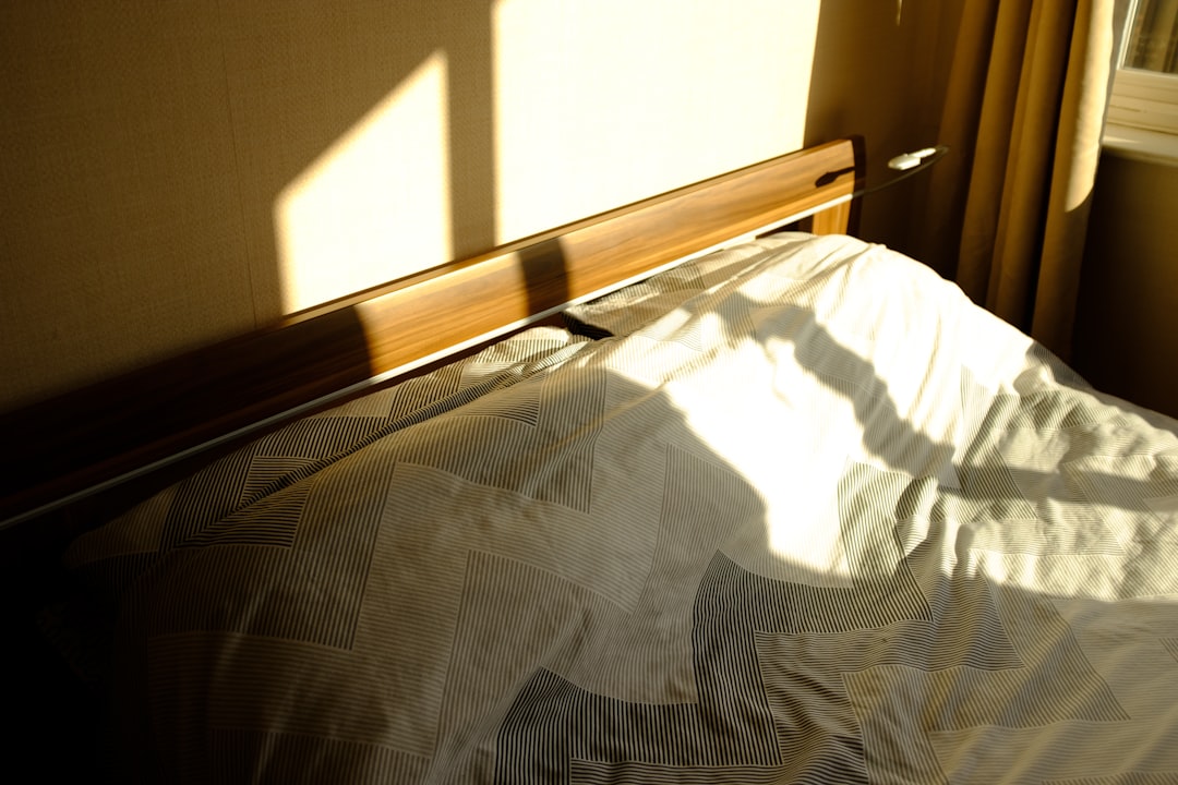 a neatly made bed in a sunlit modern bedroom