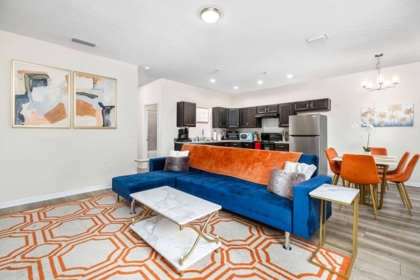 The comfortable and stylish living room of the UF townhome.